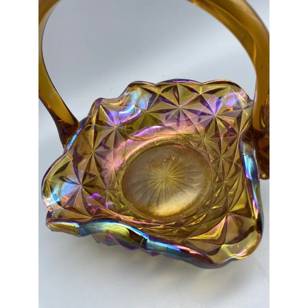 Vintage Indiana Glass Monticello Yellow Mist  Carnival Glass Basket‎ With Handle